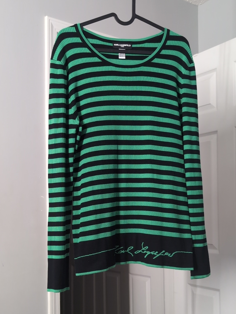 Karl Lagerfeld Black & Neon Green Striped Knit Top